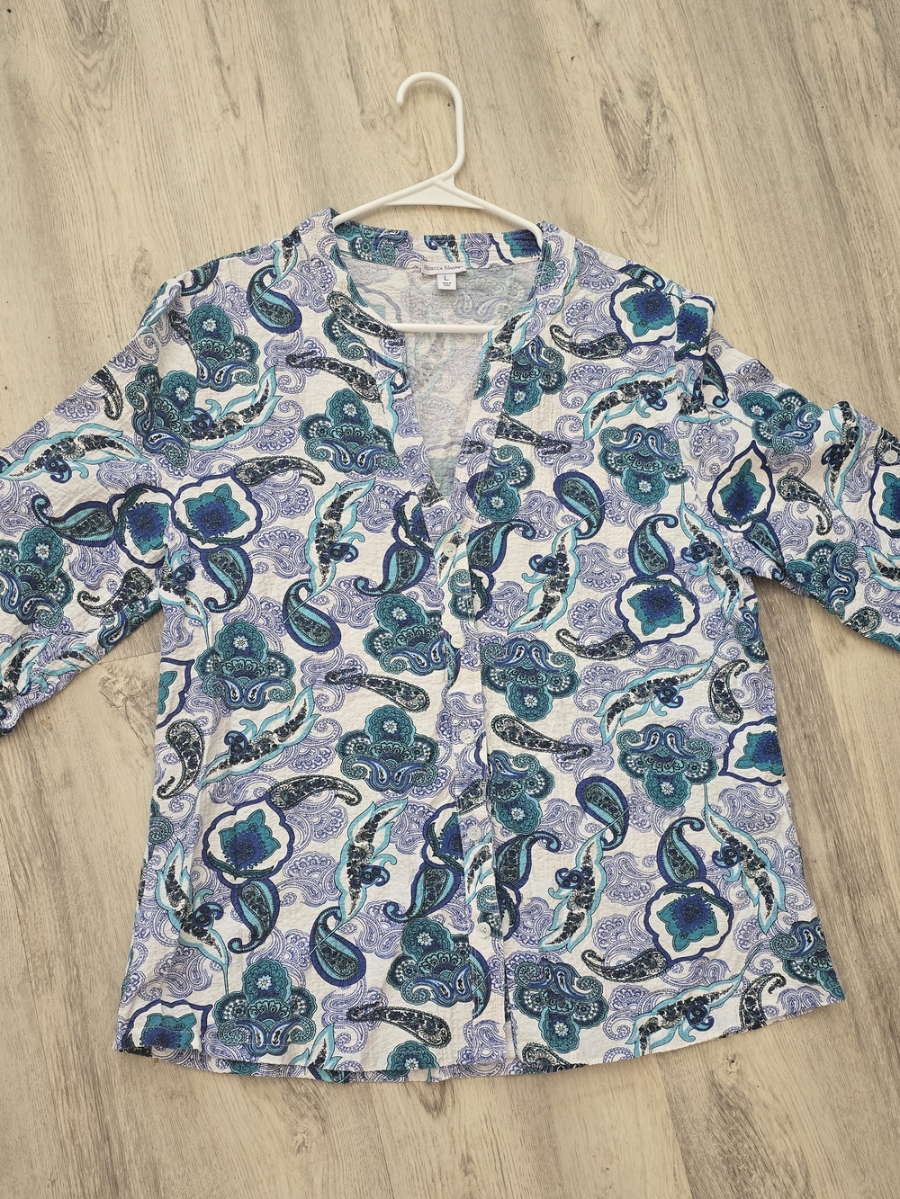 Rebecca Malone Women’s Large Paisley Print Blouse Teal Blue Button Front